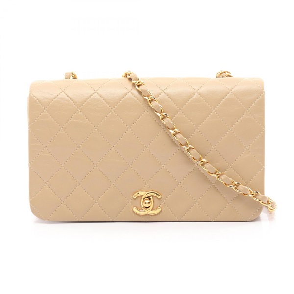 CHANEL Matelasse full flap chain crossbody Shoulder Bag Lambskin Beige Used GHW