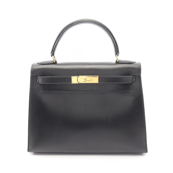 HERMES Kelly 28 Shoulder Handbag Box calf leather Calfskin Black GHW Used Z