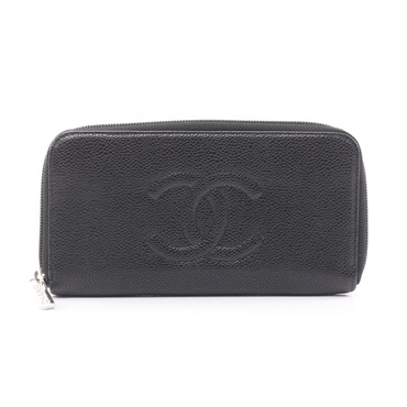 CHANEL COCO Mark Around zip long wallet purse leather Black Used Women SHW
