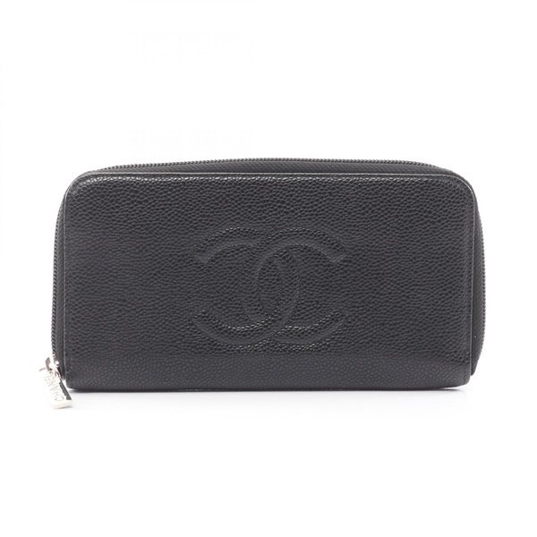 CHANEL COCO Mark Around zip long wallet purse leather Black Used Women SHW