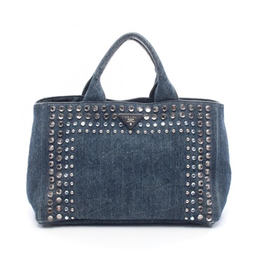 PRADA Triangle Logo DENIM Canapa Tote Handbag denim Navy Used Women
