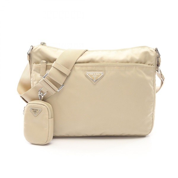 PRADA VELA Shoulder crossbody Bag 1BC421 Nylon Saffiano leather Beige Used Women