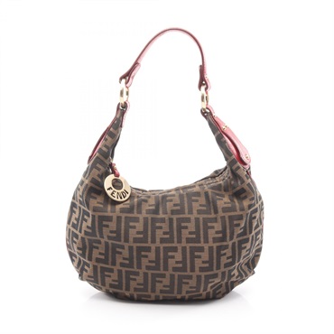 FENDI Zucca Shoulder Handbag 8BR447 canvas leather Brown Red Used Women FF