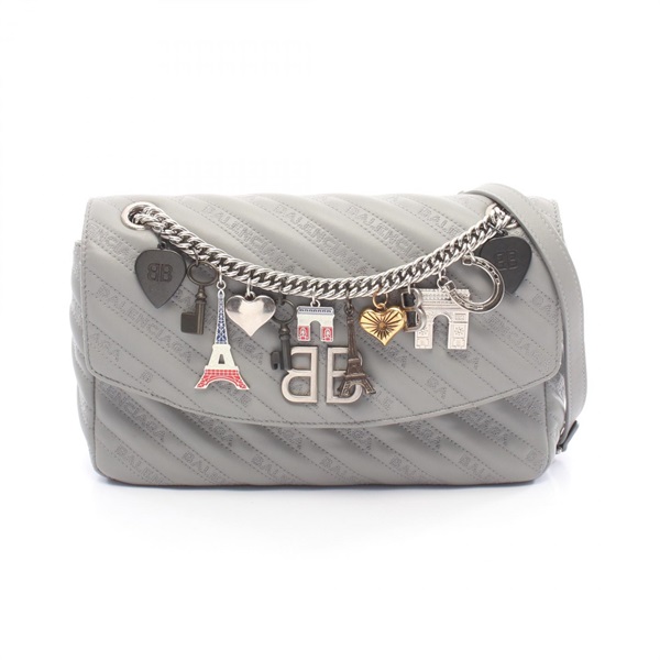 BALENCIAGA BB round Chain Shoulder Handbag 516921 leather Gray Used Women