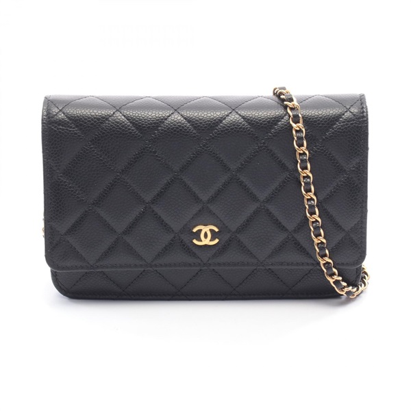 CHANEL Matelasse Chain Shoulder Crossbody Bag Wallet Calf leather Black GHW Used