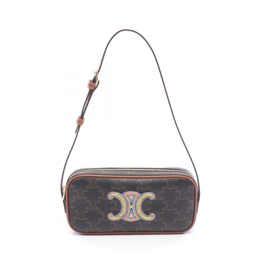 CELINE Cuir Triomphe Mini Camera Shoulder Bag canvas leather Black Brown Used