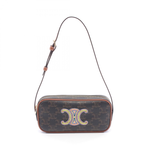 CELINE Cuir Triomphe Mini Camera Shoulder Bag canvas leather Black Brown Used