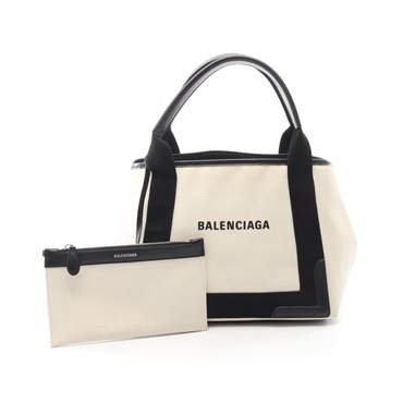 BALENCIAGA NAVY CABAS S Tote hand Bag canvas leather natural black used women