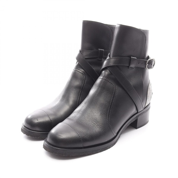 CHANEL Short boots G28694 leather metal Black Silver Used Women #38 CC Coco