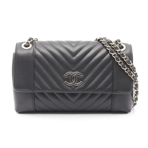 CHANEL V-Stitch Chevron Shoulder Handbag lamb leather Black GHW Used Women CC