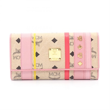 MCM Visetos Bifold long wallet purse leather PVC coated canvas Beige Pink Used