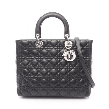 Dior Lady Dior Large Cannage Shoulder Tote Hand bag leather Black Used Women SHW