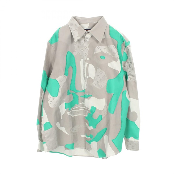 LOUIS VUITTON Printed Cotton Fil Coupe Monogram Shirt Silk Gray Used mens #4L LV