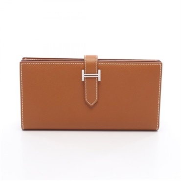 HERMES Bearn Soufflet Bifold long purse wallet O Epsom Brown Gold Used Women SHW