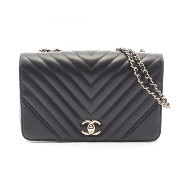 CHANEL V-stitch Chevron Full flap Chain Shoulder Handbag leather Black GHW Used
