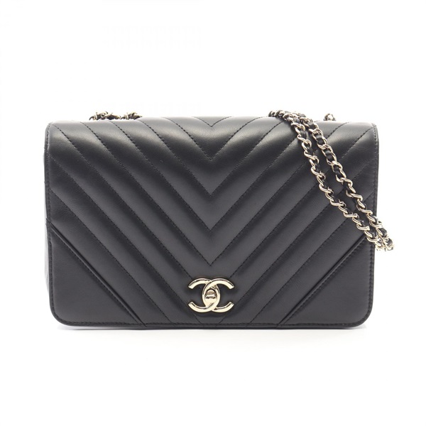 CHANEL V-stitch Chevron Full flap Chain Shoulder Handbag leather Black GHW Used