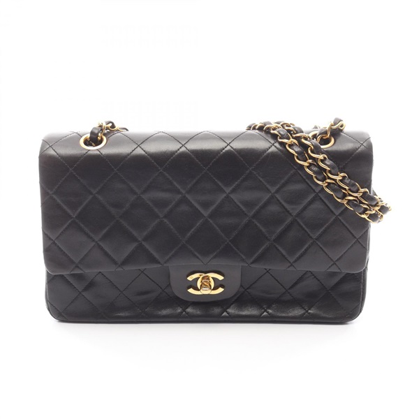 CHANEL Matelasse Double Flap Chain Shoulder Bag Lambskin Black GHW Used Women