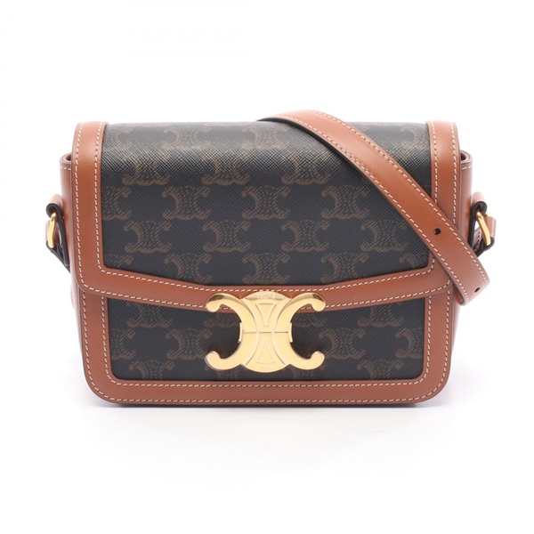 CELINE Teen Triomphe Shoulder Crossbody Bag PVC canvas leather Black Brown Used