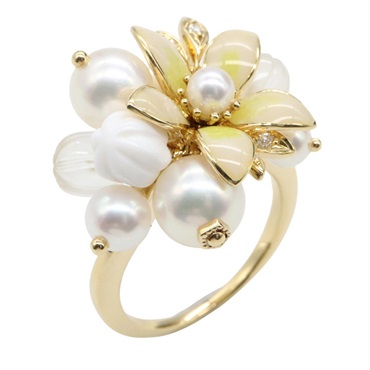 MIKIMOTO Pearl Diamond Ring 18KYG Yellow Gold White Used Women US size #5.75