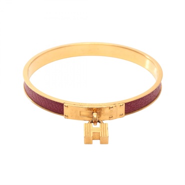 HERMES Kelly Bangle Bracelet Gold Plated leather Red Used Women