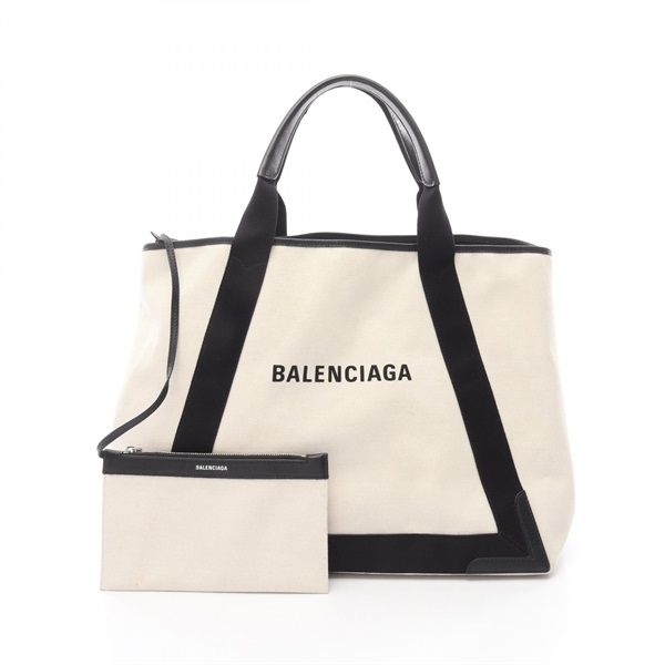 BALENCIAGA NAVY CABAS M Tote Handbag canvas leather White Black Used Women