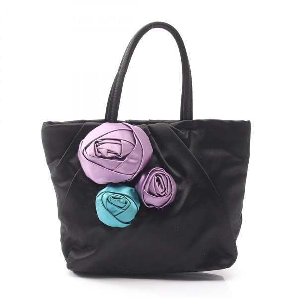 PRADA RASO ROSE Tote Handbag BN1660 Fabric Black Used Women