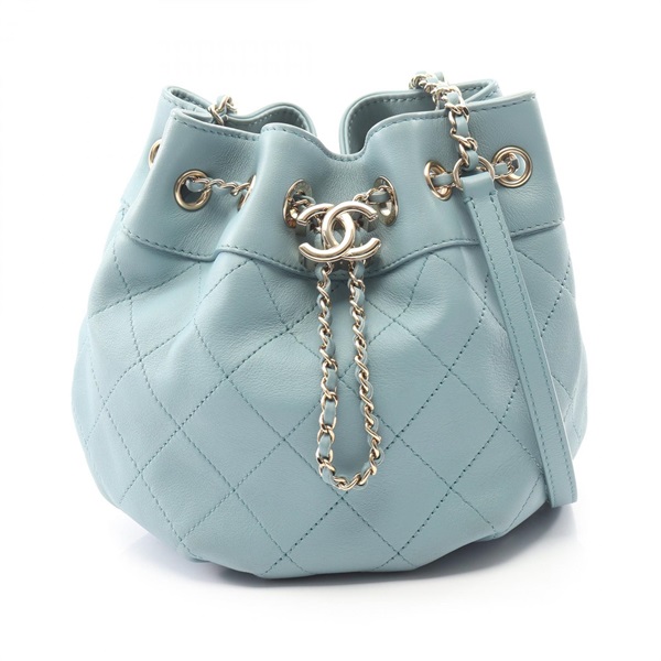 CHANEL Matelasse Drawstring Shoulder Bag Lamb leather Green Used Women GHW