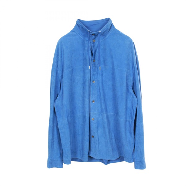HERMES Long sleeved Shirt Top #52 Leather cotton Blue Used mens