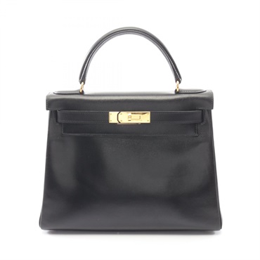 HERMES Kelly 28 shoulder Handbag X outside stitched Box calf Black Used GHW