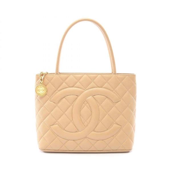 CHANEL Medallion Tote Bag Calfskin Beige GHW Used Women CC Logo