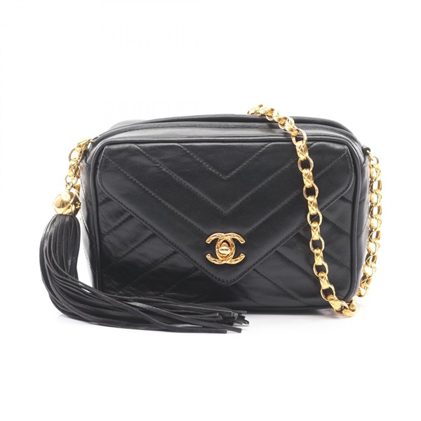 CHANEL V Stitch Chain Crossbody Shoulder Bag Lamb leather Black GHW Used Women