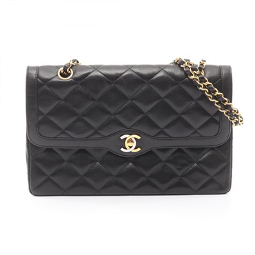 CHANEL Matelasse Paris limited W flap Chain Shoulder Bag Lamb leather Black Used
