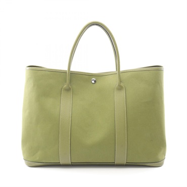 HERMES Garden Party MM Tote Handbag Toile officier Negonda leather Khaki Used J