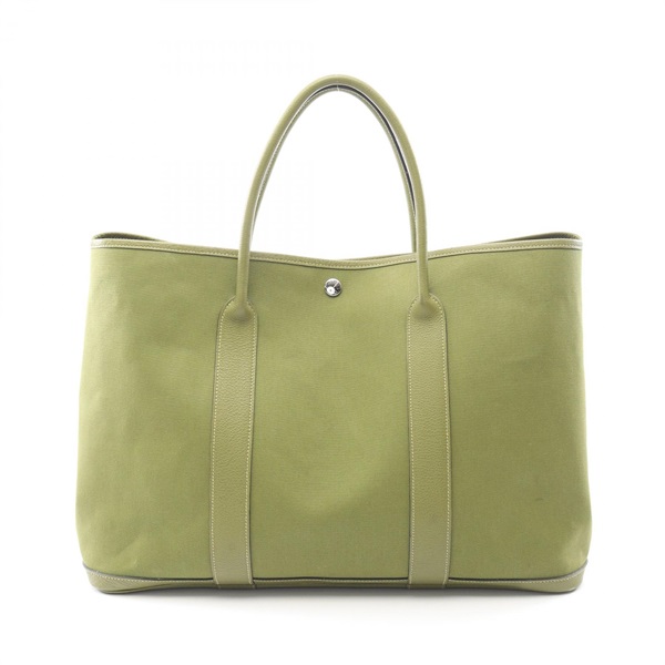 HERMES Garden Party MM Tote Handbag Toile officier Negonda leather Khaki Used J