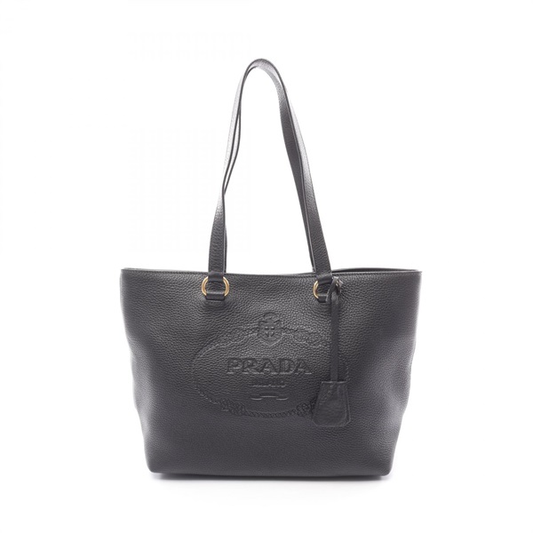PRADA Logo Shoulder Tote Bag leather Black Used Women
