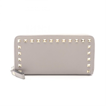 Valentino Rockstud Around zip long wallet purse leather Gray Used Women