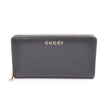 GUCCI Script Zip around long Wallet Purse 772642 leather Black GHW Used Women GG