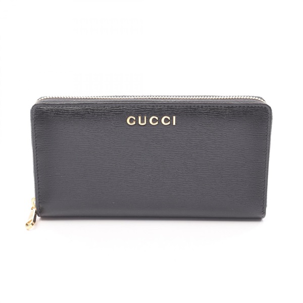 GUCCI Script Zip around long Wallet Purse 772642 leather Black GHW Used Women GG