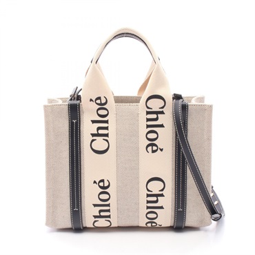 Chloe WOODY Small Shoulder Crossbody Tote Bag canvas leather Beige Navy Used