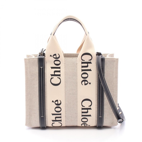 Chloe WOODY Small Shoulder Crossbody Tote Bag canvas leather Beige Navy Used