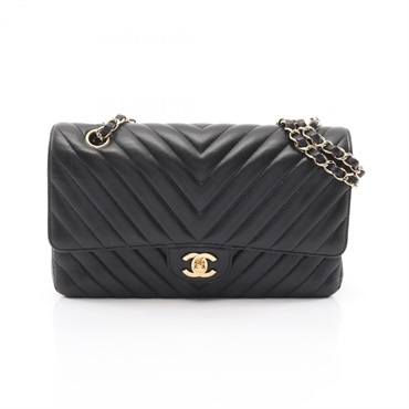 CHANEL Chevron V-stitch W-flap Chain Shoulder Bag Lamb leather Black Used GHW CC