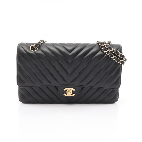 CHANEL Chevron V-stitch W-flap Chain Shoulder Bag Lamb leather Black Used GHW CC