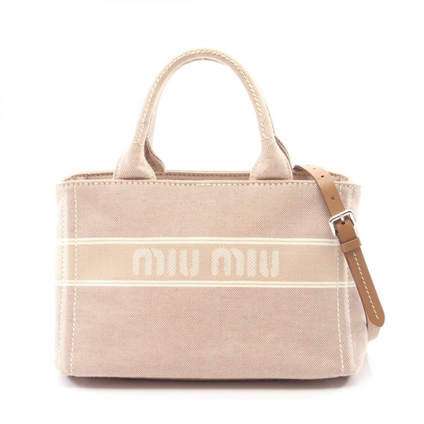 Miu Miu DENIM LOGO Tote shoulder crossbody Bag 5BA219 canvas Beige Used Women