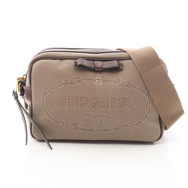PRADA LOGO JACQUARD Crossbody Shoulder Bag canvas leather Beige Brown Used Women