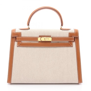 HERMES Kelly 32 Shoulder Handbag Toile H canvas leather Ecru Gold GHW Used U