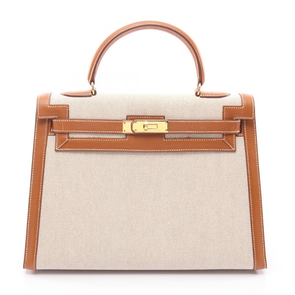HERMES Kelly 32 Shoulder Handbag Toile H canvas leather Ecru Gold GHW Used U