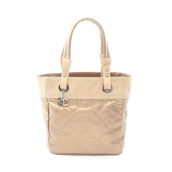 CHANEL Paris Biarritz PM Tote Bag canvas leather Gold Beige SHW Used CC Logo