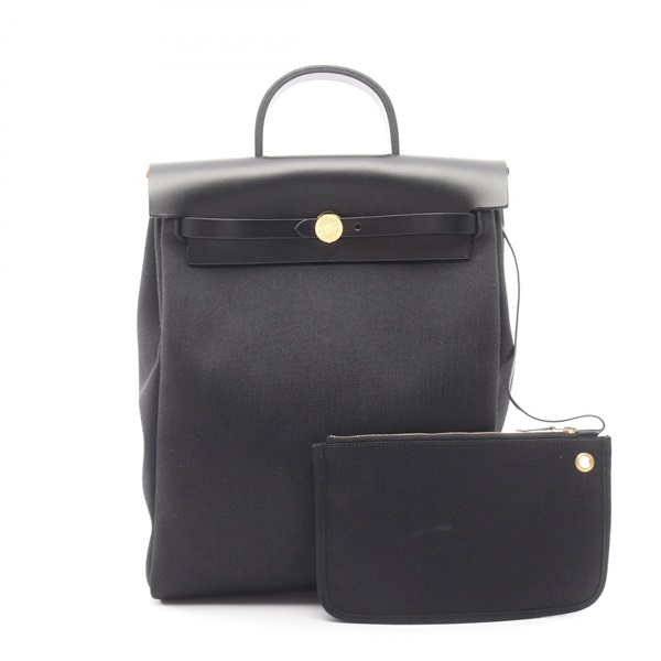 HERMES Herbag Zip A Dos PM Rucksack Backpack canvas leather Black GHW Used Z