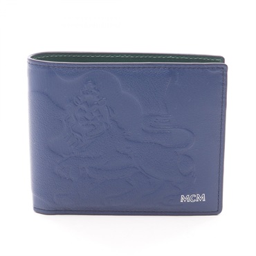 MCM Bi-fold Wallet purse leather Blue Green Used mens logo