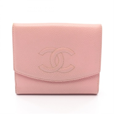 CHANEL COCO Mark Double Sided compact Wallet purse A13496 leather Pink Used GHW
